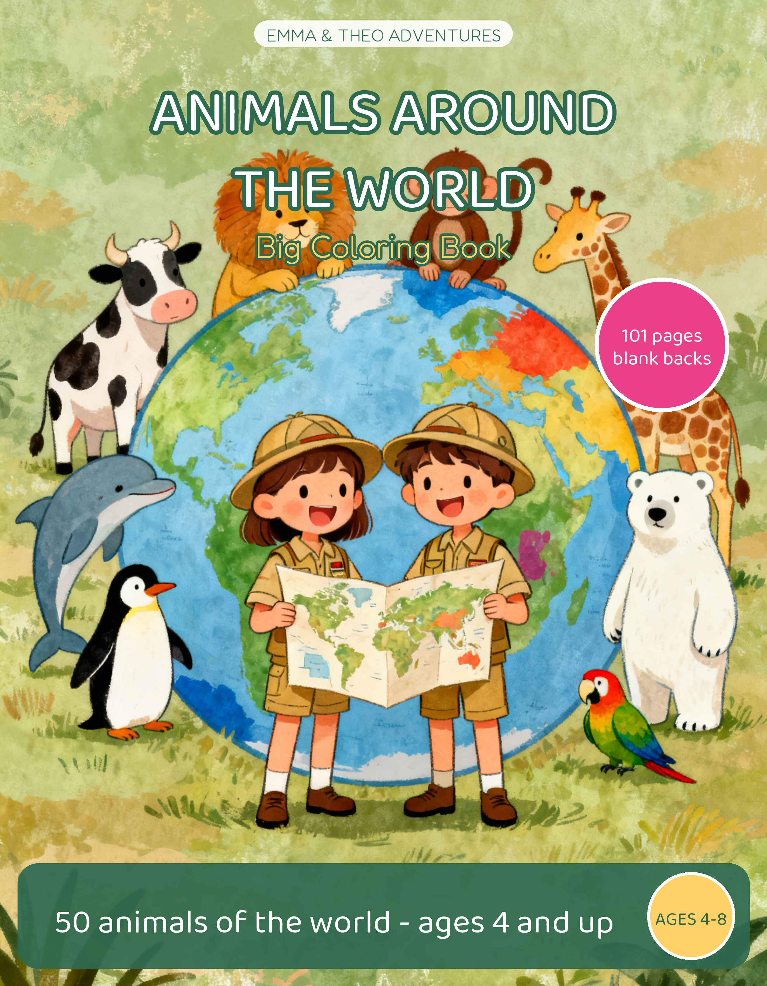Cover of the Around the World in 50 Animals coloring book, ages 4-8