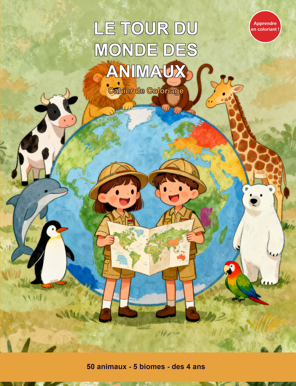 Couverture du cahier de coloriage Le Tour du Monde des Animaux, 4-8 ans