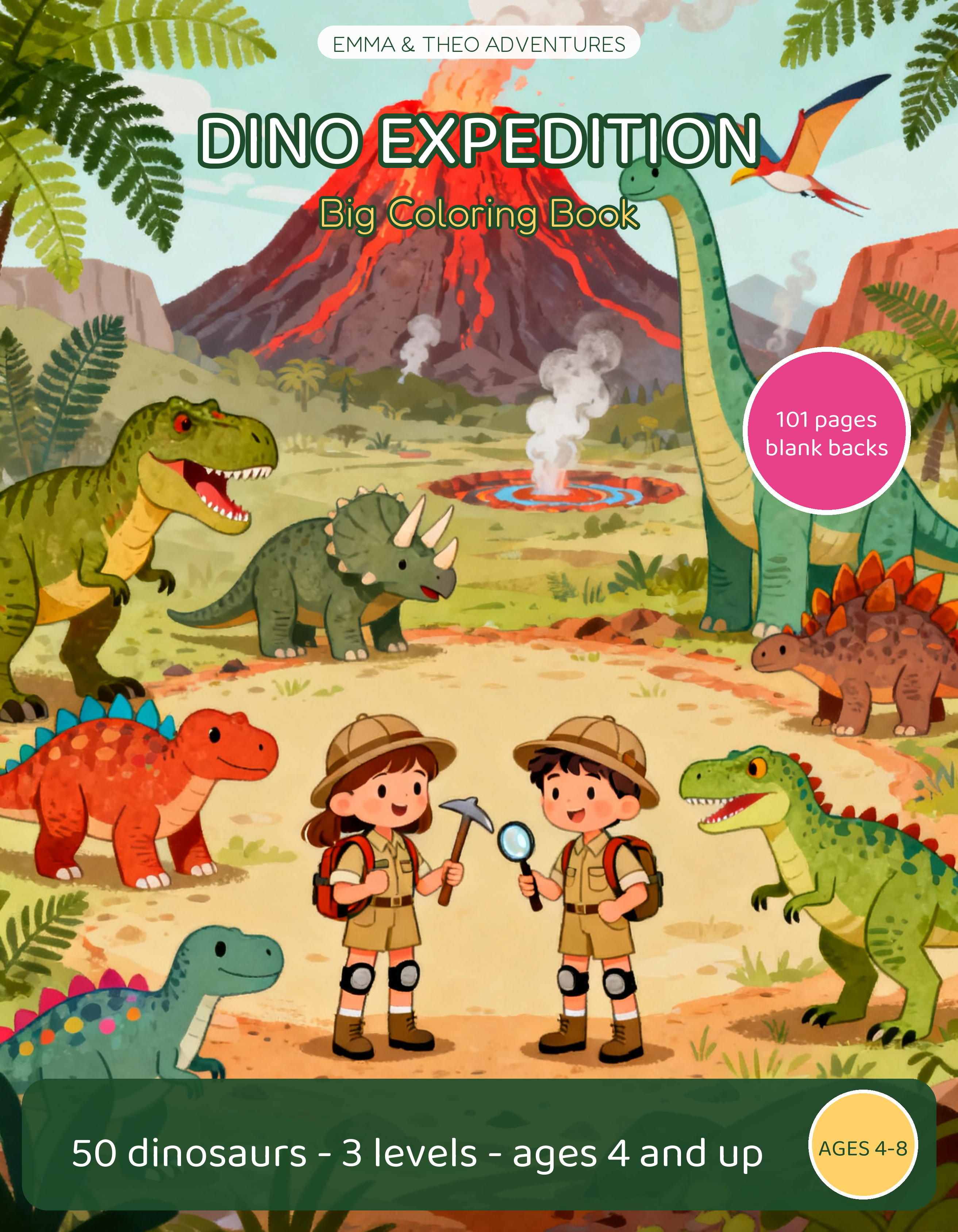 Cover of the Dino Expedition coloring book, ages 4-8