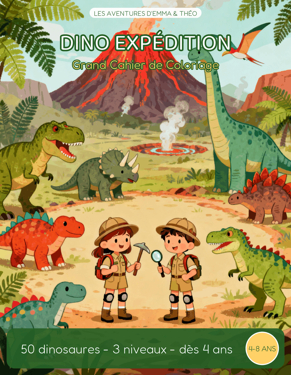 Couverture du cahier de coloriage Dino Expedition, 4-8 ans, Emma et Theo