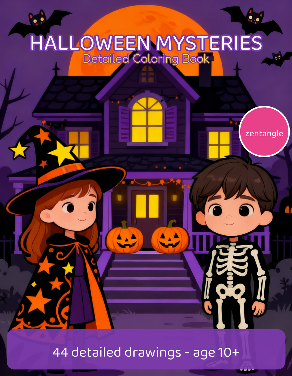 Cover of the Halloween Zentangle Style coloring book, ages 10-12, Emma and Theo