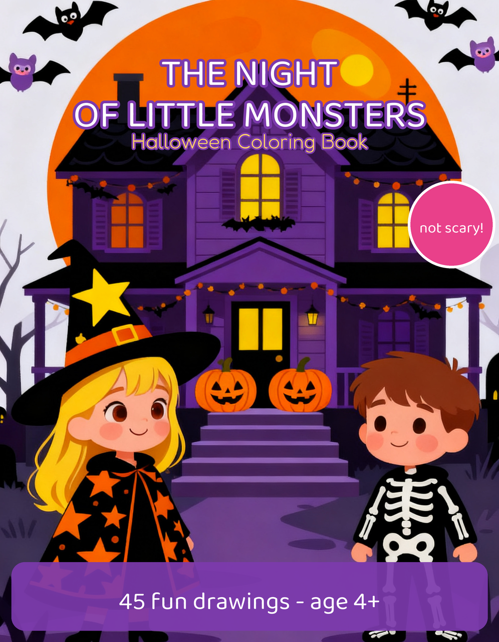 Cover of The Night of the Little Monsters Halloween coloring book, ages 4-6, Emma and Theo