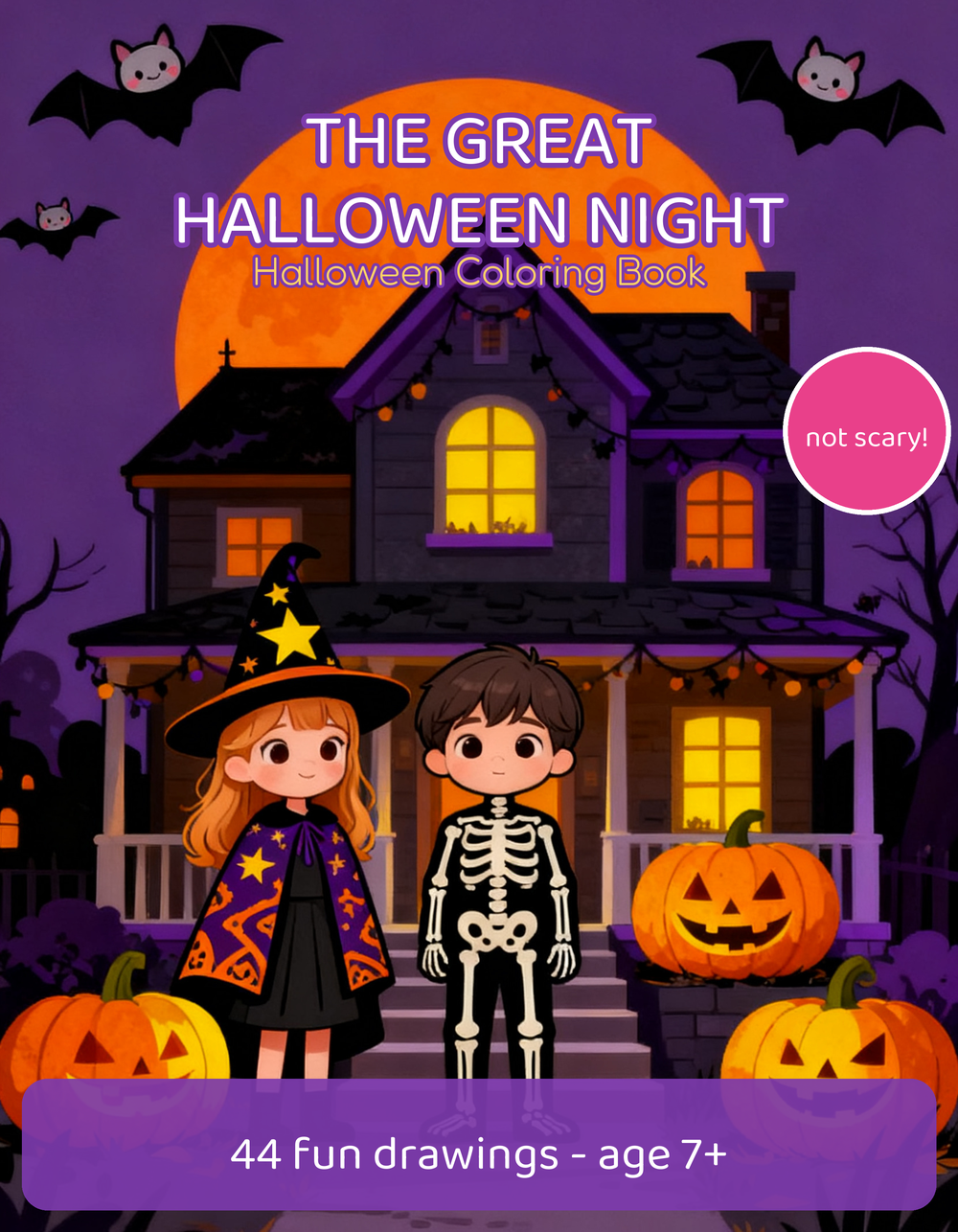 Cover of The Great Halloween Night coloring book, ages 7-9, Emma and Theo