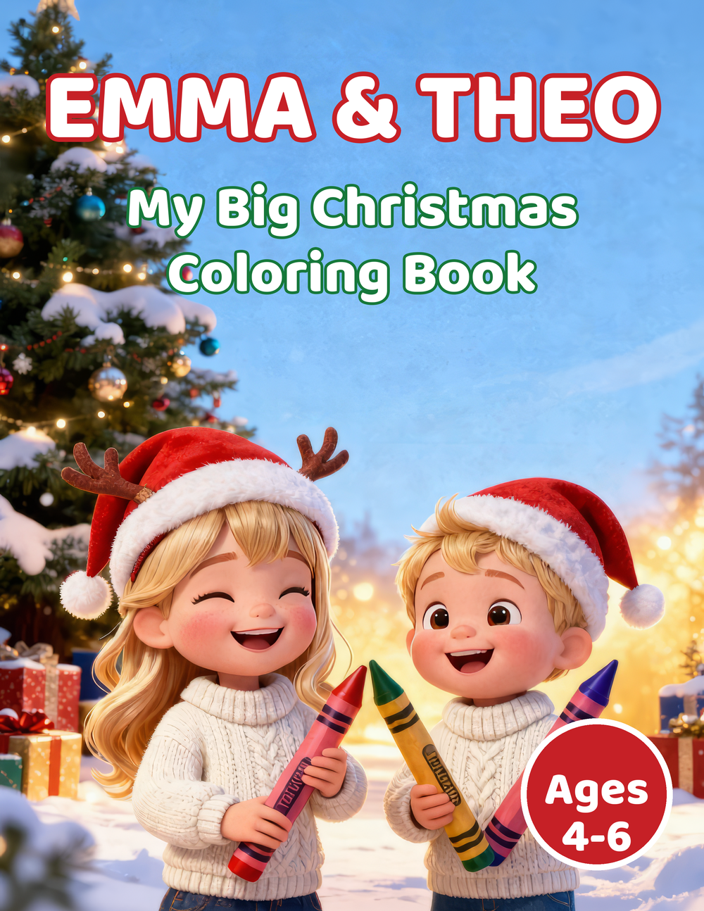 Cover of the Emma and Theo The Magic Christmas coloring book, ages 4-6