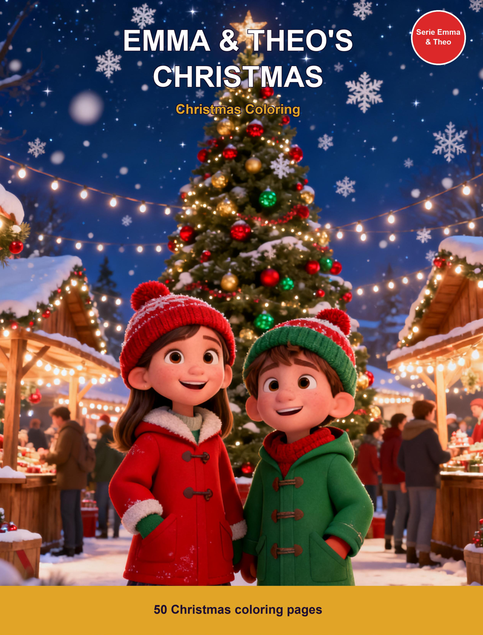 Cover of the Emma and Theo Celebrate Christmas coloring book, ages 7-9